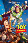 Film poster showing Woody anxiously holding onto Buzz Lightyear as he flies in Andy's room. Below them sitting on a bed are various smiling toys watching the pair, including Mr. Potato Head, Hamm, and Rex. In the lower right center of the image is the film's title. The background shows the cloud wallpaper featured in the bedroom.